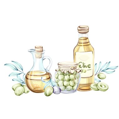 Bu sanatsal suluboya resimde İtalyan mutfağının zengin lezzetlerini yakalayan zeytin ve bir şişe zeytin yağının dekoratif düzenlemesi yer alıyor. Zeytinlerin ve zeytinlerin dikkatli detayları.