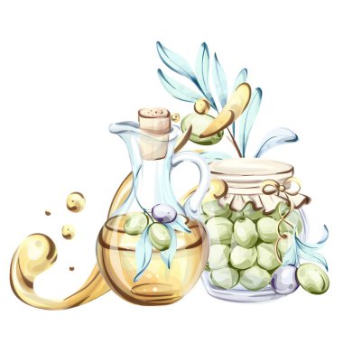 Güzel bir suluboya resimde zeytin ve zeytin yağının doğal güzelliklerini yansıtıyor. Sanat eserinde kavanozun yanında altın zeytinyağı dolu bir cam şişe yer alıyor.