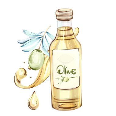 Bu suluboya sanat eserinde bir şişe zeytinyağının yanında İtalyan mutfağının özünü yansıtan taze zeytinler sergilenmektedir. Nazik renkler, doğanın ve sağlığın önemini vurguluyor.