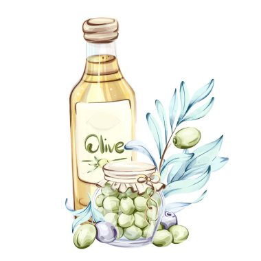 Bu sanat eserinde zeytin ve suluboya ile sunulmuş bir şişe zeytin yağı bulunuyor. Canlı yeşiller ve ince maviler İtalyan mutfağının özünü yansıtıyor.