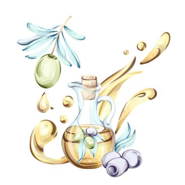 Bu sanat eserinde zeytin ve suluboya ile güzelce yapılmış zeytinyağı dolu cam sürahide çarpıcı bir düzenleme sergileniyor. Canlı renkler İtalyan mutfağının özünü yansıtıyor.