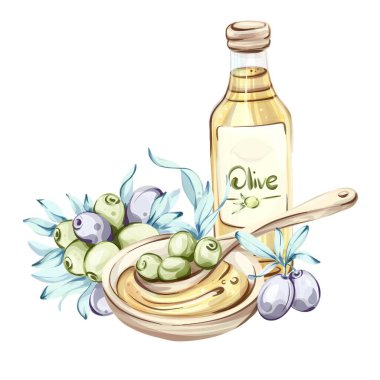 Bu güzel suluboya resimde nefis zeytin ve bir şişe zeytinyağı sergileniyor. Kompozisyon, doğal renklerini vurgulayan çeşitli zeytin türlerini vurguluyor ve