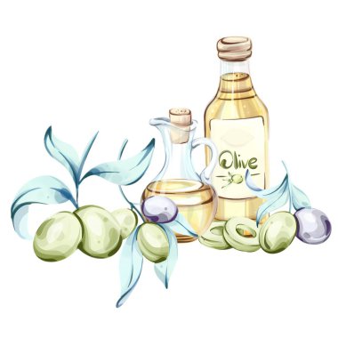 Bu suluboya resim İtalyan mutfağının özünü canlı zeytinler ve zarif zeytinyağı şişeleriyle yakalar. Yeşil ve siyah zeytinler parıldayan altın yağla birleşince...