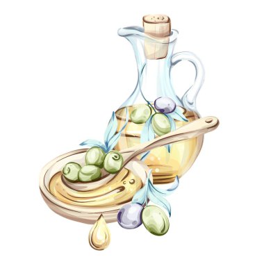 Bu suluboya sanat eseri bir sürahi zeytinyağının yanında canlı bir zeytin düzeneği sergiliyor. Zengin renkler bu bileşenlerin doğal güzelliğini vurguluyor.