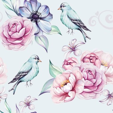 Suluboya mavisi, klasik mavi Victoria tarzı sakallı, bahar kompozisyonu, pembe güller, şakayık, brunch ve yapraklı. Romantik çiçekler. Tebrik kartları, düğün, kumaş, baskı için.