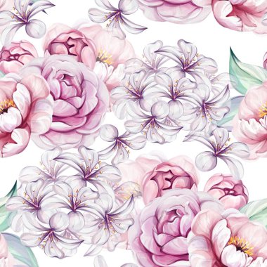 Suluboya desensiz. Çiçek açan güller, şakayıklar, zambaklar. Yapraklı romantik bahar çiçeği, klasik tarz. Tasarım, logo, kartpostallar, düğün, tekstil, tebrik kartları için. Zarif geri dönüş