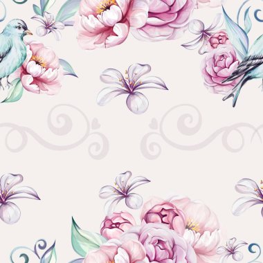 Mavi Victoria sakallı, pembe güllü, şakayıklı, brunch ve yapraklı suluboya krema desenli. Romantik çiçekler. Tebrik kartları, düğün, kumaş, baskı için.