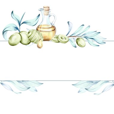 Büyüleyici bir suluboya illüstrasyonunda bir şişe zeytinyağının yanında canlı yeşil zeytinler sergileniyor. Çevreleyen elementler, kompozisyonun doğal güzelliğini arttıran yumuşak yapraklardır.