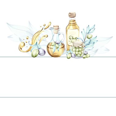 Suluboya resimlerinden oluşan canlı bir koleksiyonda zeytin ve zeytin yağı sergileniyor ve İtalyan mutfağı ile bağlantıları vurgulanıyor. Bu sanatsal tasvirde şişeler ve taze zeytinler yer alıyor.