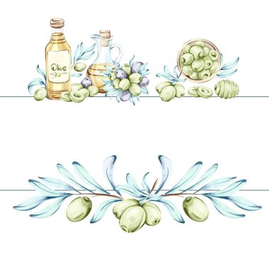 Bu suluboya resim zeytin ve zeytin yağının güzelliğini yansıtır. Taze zeytinlerin yanında bir şişe zeytinyağı ve bal sosuyla süslenmiş bir kase zeytin duruyor. Doğal elementler