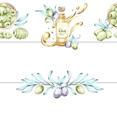 Renkli suluboya resimlerde İtalyan mutfağının özünü ve doğanın güzelliğini yansıtan zeytin ve zeytin yağı sergileniyor. Narin yeşiller ve altın renkler harmoni yaratmak için birleşir.