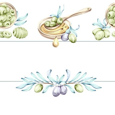 Bu sanatsal tasvirde suluboya tekniklerle zeytin ve zeytin yağı sergileniyor. Topraksı tonlara ve doğal elementlere odaklanarak çizimler özünü yakalar.