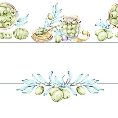 Bir dizi suluboya resim zeytin ve zeytinyağının özünü yakalar. Sanat eserleri olgun zeytinleri sergiliyor. Bir kavanoz dolusu korunmuş zeytin ve ballı çiselemeler.