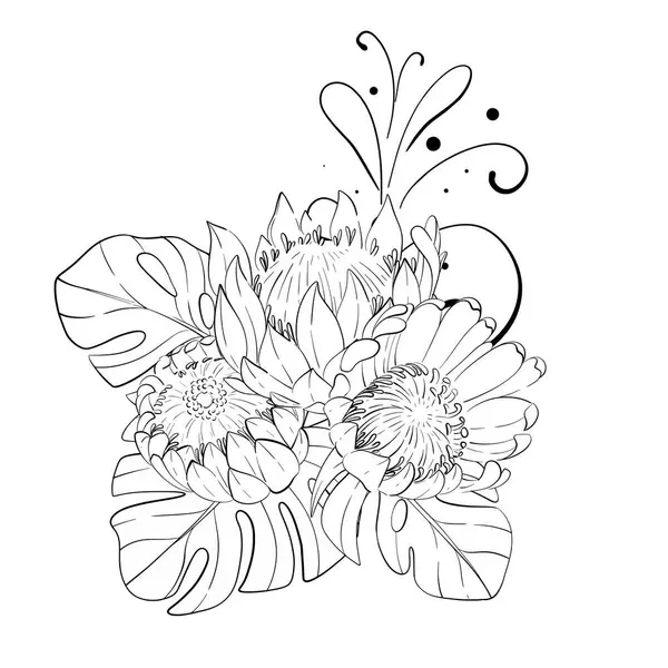 Vektör tropikal bileşimi, bir buket yaratıcı çiçek, proteinler ve egzotik canavar yaprakları. El çizimi grafikler. Siyah devre silueti