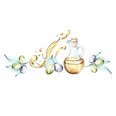 Güzel bir suluboya çizimi olgun zeytinlerin yanında bir şişe altın zeytin yağı yakalar. Sanat eserleri zeytinlerin doğal dokusunu ve renklerini vurguluyor.
