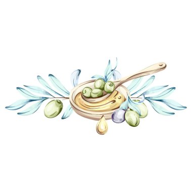 Bu çarpıcı suluboya sanat eserinde çeşitli zeytinler ve zeytin yağıyla dolu ahşap bir tabak yer alıyor. Tabağın etrafındaki narin zeytin dalları doğayla olan bağlantıyı vurguluyor.