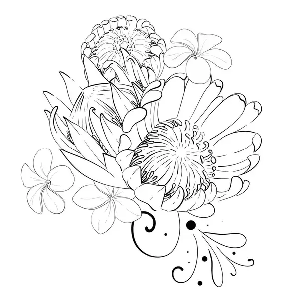 Vektör tropikal bileşimi, bir buket yaratıcı çiçek, proteinler ve egzotik canavar yaprakları. Botanik grafik. Siyah devre silueti