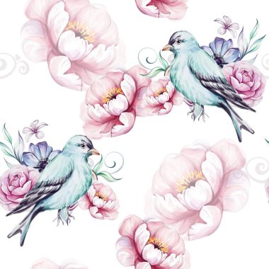 Eski mavi Victoria tarzı sakallı suluboya desenli pembe güller, şakayıklar, brunch ve yapraklar. Romantik çiçekler. Tebrik kartları, düğün, kumaş, baskı için.