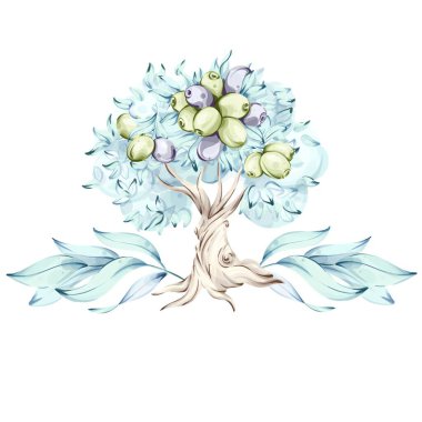 Canlı bir suluboya çizimi olgun zeytinlerle dolu bir zeytin ağacını tasvir eder. Yeşil ve mor tonlarda zeytin çeşitliliği canlılığı ve zenginliği sembolize eder. Bu sanat eseri...