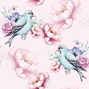 Suluboya pembe pürüzsüz desenli mavi Victoria tarzı sakallı, pembe güllü, şakayıklı, brunch ve yapraklı. Romantik çiçekler. Tebrik kartları, düğün, kumaş, baskı için.