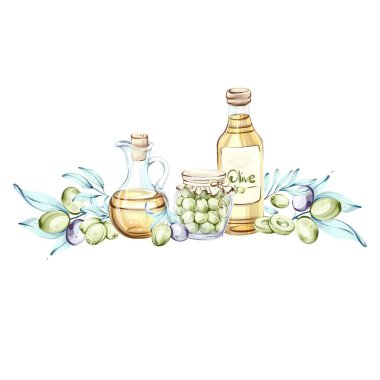 Zeytin ve şişe zeytin yağı koleksiyonu narin bir suluboya tarzıyla güzelce resmedilir. Sanat eserlerinde zeytinlerin zengin renkleri ve dokuları sergileniyor.