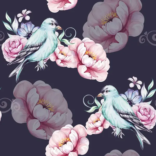 Eskimiş mavi Victoria tarzı sakallı suluboya, pembe güller, şakayıklar, brunch ve yapraklar. Romantik çiçekler. Tebrik kartları, düğün, kumaş, baskı için.