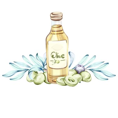 Bu illüstrasyonda taze yeşil zeytinlerle çevrili bir şişe zeytin yağı sergileniyor. Hafif bir arka planda yer alan sanat eserleri İtalyan mutfağında bulunan doğal malzemelerin güzelliğini vurgular.