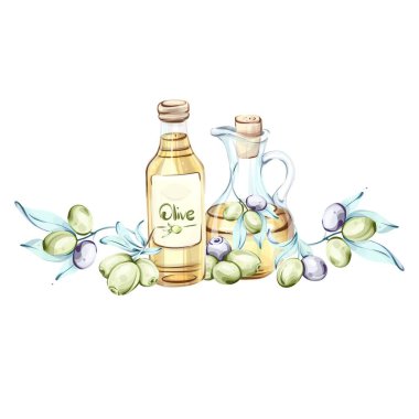 Bu canlı sanat eserleri suluboya tekniğiyle ustaca resmedilmiş zeytin ve zeytin yağı koleksiyonu sergiliyor. İtalyan mutfağının özünü yakalamak doğallığı vurguluyor.