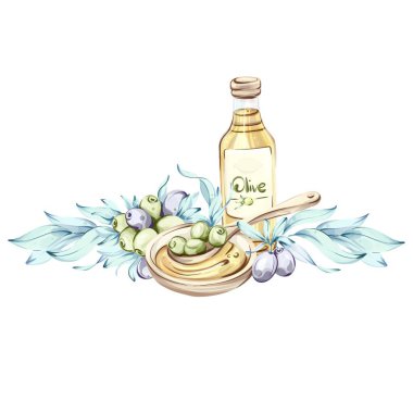 Bu suluboya resim İtalyan mutfağının özünü taze zeytin ve bir şişe zeytinyağıyla yakalar. Merkezi elementleri çevreleyen hassas yapraklar bağlantıyı vurguluyor.
