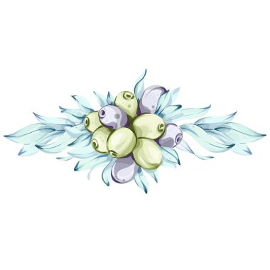 Bu ayrıntılı suluboya sanat eserleri ince yapraklarla çevrili yeşil ve siyah zeytinlerden oluşan güzel bir düzenleme sergiliyor. İtalyan mutfağının özünden esinlenerek yapılan resimde,