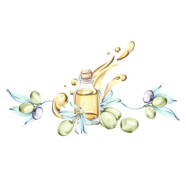 Canlı bir suluboya illüstrasyonunda taze zeytin ve narin zeytin dallarıyla çevrili bir şişe zeytin yağı sergileniyor. Bu sanat eseri İtalyan mutfağının özünü yansıtıyor.