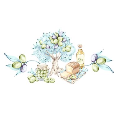 Canlı bir suluboya resimde zeytin yağı ve sıcak ekmekle çevrili meyvelerle süslenmiş bir zeytin ağacı yer alır. Bu sanat eseri İtalyan mutfağının özünü ve güzelliğini yansıtıyor.