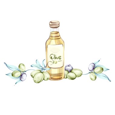 Bu suluboya resimde taze yeşil ve mor zeytinlerle çevrili bir şişe zeytin yağı yer alıyor. İtalyan mutfağının zenginliğini ve doğanın güzelliğini vurguluyor. Yumuşak renkler ve