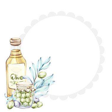 Bu suluboya resimde bir şişe zeytinyağının yanında bir kavanozda zeytin var. Yumuşak renkler bu malzemelerin güzelliğini vurgular. İtalyan yemekleri ve sağlıklılığındaki rollerini vurgularlar.