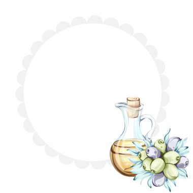 Güzel bir suluboya resimde yeşil ve siyah zeytin kümesinin yanında zeytin yağıyla dolu cam bir kavanoz sunuluyor. Bu sanat eseri İtalyan mutfağının çekiciliğini yansıtıyor. Zenginliği yansıtıyor.