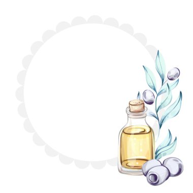 Bu suluboya resimde taze zeytin ve narin zeytin yapraklarının yanında bir şişe zeytin yağı sergileniyor. Tasarım, İtalyan mutfağının güzelliğini ve doğanın özünü yansıtıyor.