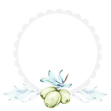 Dört yeşil zeytin yumuşak suluboya tonlarıyla gösterilmiş narin yapraklarla zarifçe otururlar. Bu sanat eseri İtalyan mutfağının özünü yansıtıyor ve sıklıkla kullanılan zeytinlerin güzelliğini gözler önüne seriyor.