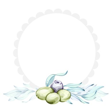 Bu suluboya resimde narin yaprakların arasında duran yeşil ve siyah zeytin kümesi görülüyor. Kompozisyon zeytinlerin doğal güzelliğini ve yemek pişirmenin önemini vurguluyor.