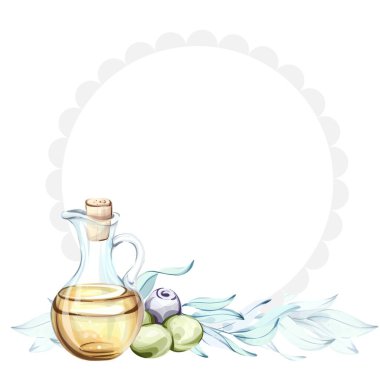 Bu canlı suluboya illüstrasyonunda yumuşak dekoratif arka planda sergilenen bir sürahi zeytin yağı ve taze zeytin sergileniyor. Sanat eserleri İtalyan mutfağının özünü yansıtıyor.