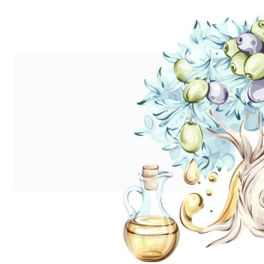 Renkli suluboya çizimler dallarda zeytin ve bir şişe zeytin yağını resmediyor. Sanat eserleri, taze ve canlı renklerin vurgulandığı doğanın uyumunu kutluyor. Bu dizi...