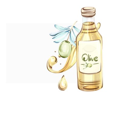 Parlak yeşil zeytinler ve bir şişe altın zeytin yağı suluboya stilinde güzelce resmedilmiştir. Canlı detaylar İtalyan mutfağının özünü yansıtıyor ve doğal güzelliği vurguluyor.