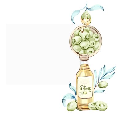 Bu sanat eserinde suluboya tekniklerle yapılmış canlı yeşil zeytinlerle çevrili bir şişe zeytin yağı sergileniyor. Bu resim İtalyan mutfağının zenginliğini güzel bir şekilde vurguluyor.