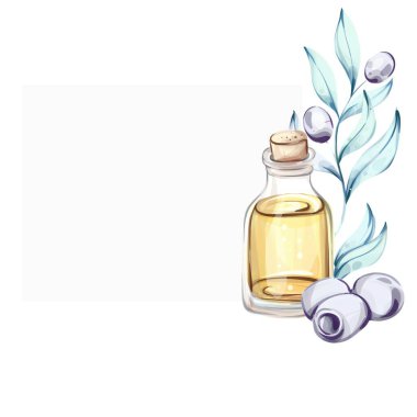 Bu sanat eserinde zeytin ve bir şişe zeytin yağının büyüleyici bir suluboya tasviri yer alıyor. Nazik renkler altın yağın yanında zeytinlerin tazeliğini gösteriyor.