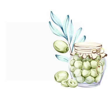 Detaylı bir suluboya resimde zeytin yapraklarının yanında yeşil zeytinlerle dolu bir kavanoz yer alıyor. Bu sanat eseri İtalyan mutfağının özünü yakalıyor ve doğanın güzelliğini gözler önüne seriyor. Şey...