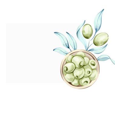 Canlı bir kompozisyonda zeytin yapraklarıyla çevrili taze yeşil zeytinlerle dolu bir kase yer alır. Yumuşak suluboya stilinde yapılmış bu sanat eseri, İtalyan lezzetinin ve güzelliğinin bir yansımasıdır.