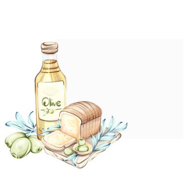 Canlı bir suluboya resimde bir somun taze ekmek ve bir demet yeşil zeytin yanında bir şişe zeytin yağı sergileniyor. Bu sanat eseri Akdeniz mutfağının güzelliğini yansıtıyor.