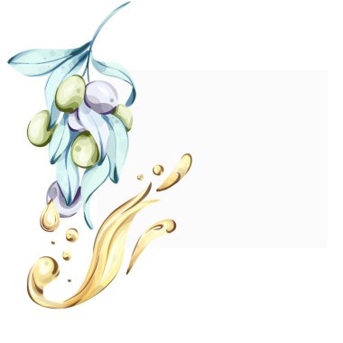 Bu çarpıcı suluboya resimde altın zeytinyağının yanında yeşil ve mor zeytinlerden oluşan bir küme yer alıyor. İtalyan mutfağının ve sağlıklı beslenmenin özünü çok güzel yansıtıyor.