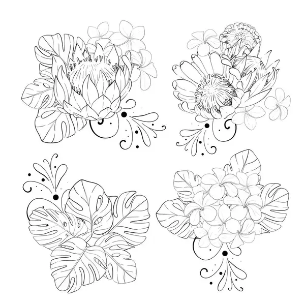 Vektör seti. Yaratıcı çiçeklerden, proteinlerden ve egzotik canavar yapraklarından oluşan tropikal buketler. El çizimi grafikler. Siyah devre silueti