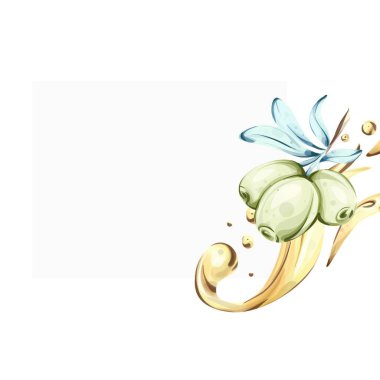 Güzel bir suluboya resimde İtalyan mutfağının elementlerini ve doğanın güzelliğini vurgulayan zeytin ve zeytin yağı sergileniyor. Nazik renkler harmanlanarak görsel bir davet oluşturur.