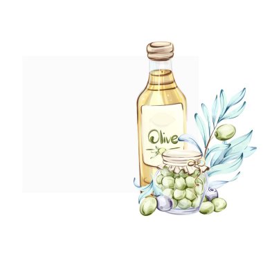 Bu canlı suluboya resimde yeşil zeytin kavanozunun yanında bir şişe zeytin yağı sergileniyor. Hassas yapraklar, İtalyan mutfağının özünü somutlaştıran kompozisyonu vurgular.